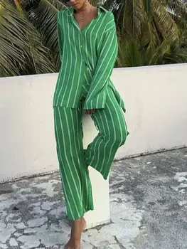 Пролетта и лятото Женски однобортный костюм с ревера на Зелената ивица и дълги ръкави, Широки панталони дантела с висока талия, Всекидневен костюм