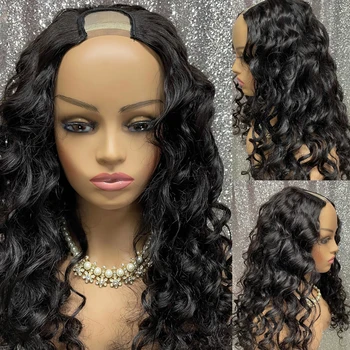 Бесклеевой перука с вълнообразни U-образна част от европейските човешка коса Remy с дължина 24 инча, еврейския мек перука от естествен цвят за черни жени за всеки ден