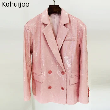 Модерен женски сако с пайети есен 2023, розово вечерно палто с дълъг ръкав, двубортное, с пайети, свободен, със средна дължина, блейзери, рокли
