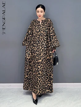 Женствена рокля SHENGPALAE С Леопардовым Принтом, Корейската Мода, V-образно деколте, Дълъг Ръкав, Ежедневното Свободно Рокля на Жената, Есен 2023, Новост 5R5553