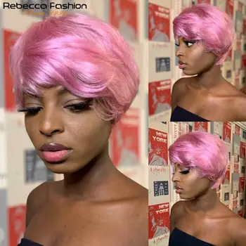 Ребека кратко стриженный перука от права коса, перу естествени коси Реми, пълна перуки за чернокожите жени в розово-сив цвят, евтини перуки с бретон