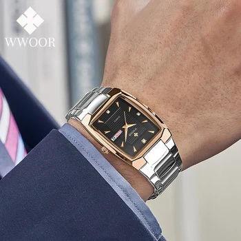 Луксозни мъжки часовник WWOOR, бизнес часовници за мъже, водоустойчиви кварцов ръчен часовник от неръждаема стомана, квадратна мъжки часовник Relogio Masculino