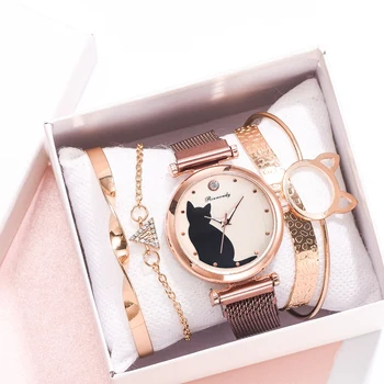 Модерен комплект часа за жени, 5 бр., кварцов часовник, мрежест гривна от котешко циферблат, луксозни дамски часовници, ежедневни дамски часовник Relogio Femenino