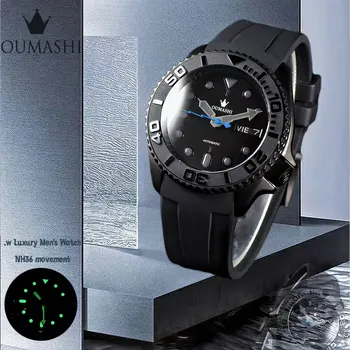 Черен корпус 007 OUMASHI мъжки часовник Нов бизнес Автоматичен механизъм NH36 за гмуркане от неръждаема стомана