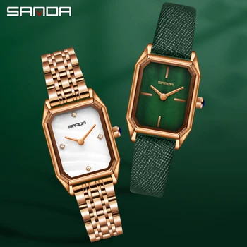 На BIANA 1096 Луксозни дамски кварцови часовници, нови елегантни часовници с малка зелена вътрешната плоскост, реколта правоъгълни дамски ръчни часовници с кожена каишка