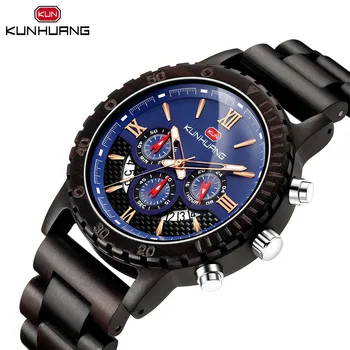 Мъжки часовник Kunhuang Wood, Многофункционални Модни Часовници с Хронограф, Три очи, Шестиконтактными Светещи Спортни Кварцевыми часовници с часове