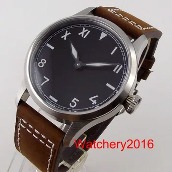 Нови мъжки часовник с ръчно управление с 42 мм механизъм 6497, сапфирен кристал, зелен светлинен калифорнийски циферблат, кожена каишка, часовници с ръчно от