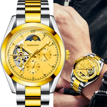 Луксозни мъжки часовници с турбийоном, водоустойчив бизнес стоманена каишка, Слънце, Луна, звезда, кухи механични часовници, мъжки часовници