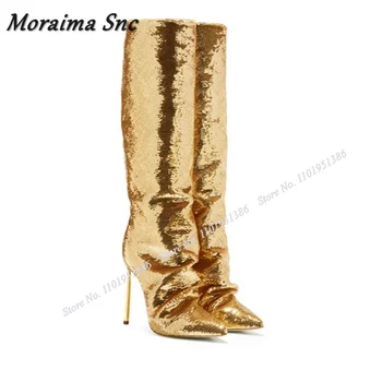 Moraima Snc/ Тъканни Ботуши със Златни Бижута и пайети; Ботуши до Коляното; Дамски Обувки с остър пръсти обувки на Висок Ток-висок ток; Нови Zapatillas Mujer