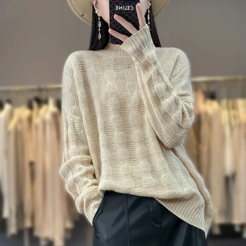Есенно-зимния нов пуловер от 100% памук, женски обикновен пуловер с кръгло деколте, темпераментен куха риза свободно намаляване от трико