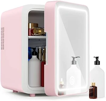 Хладилник за грижа за кожата - Мини-хладилник с регулируемо огледало с led подсветка (4 литра / 6 кутии), Охладител и нагревател за съхранение на козметика, средства за грижа за кожата и