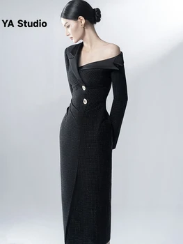 [YA Studio] Дизайнерски костюм с диагонал яка на раменете, дълга рокля с яка 2023, лятна есенна мода