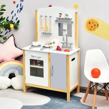 Детски игри кухненски кът, реалистичен набор за приготвяне на ястия за деца, премиум МДФ, гладки кръгли ръбове, 2 нива, детски шкаф за съхранение
