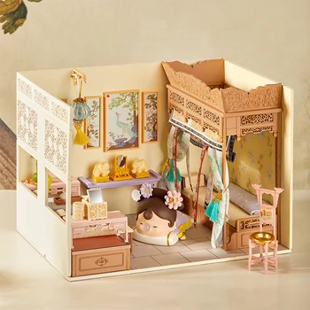 Нов дървен куклена къща в миниатюра с набор от мебели, Императорския дворец, играчка за сглобяване 
