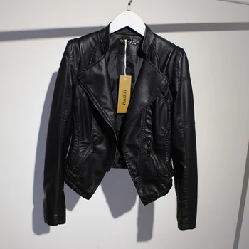 Корейската черна тънка къса яке от изкуствена кожа, яка-часова, с цип дълъг ръкав, пролетен дамски мотоциклетът байкерская яке, градинска облекло