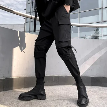 Черен панталон-карго, джоггеры за бягане, мъжки градинска облекло в стил харадзюку, военна техническа дрехи, мъжки дрехи и интериор в японски стил, ежедневни панталони-молив