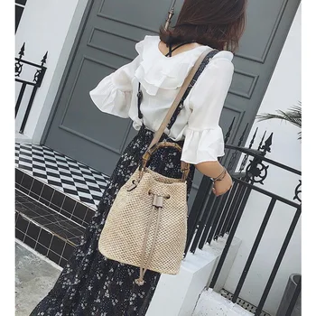 Лятна бамбук чанта-кофа, ръчна изработка в стил бохо, ракита сламена чанта, плажна дамска чанта на едно рамо, чанта-тоут с горната дръжка, bolsa feminina