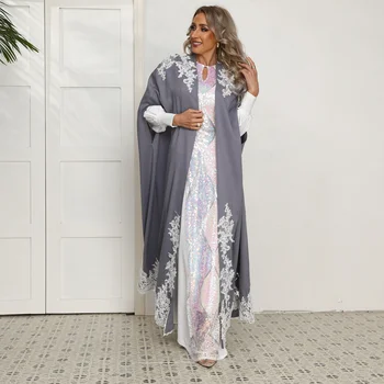 Ново модно мюсюлманската шифоновое елегантна однотонное палто с аппликацией под формата на ръкав прилеп, на подходящо по цвят свободно дамско палто пролетта