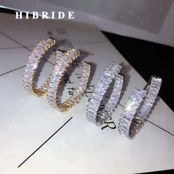 HIBRIDE Искрящи обеци-халки с кубическим цирконием под формата на франзела за жени, бижута, обеци-халки от бяло злато, бижута E-887