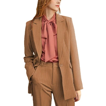 Кафяви женски костюм в ивица с ревери на една пуговице, бизнес, офис-женски професионален casual 2 броя, яке + панталон, модерен костюм