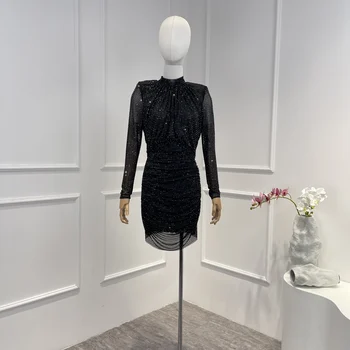 Мини-рокля с черепашьим деколте и мрежа от черно страза най-високо качество 2023, най-новата колекция Пролет-есен, елегантни дамски дрехи с дълъг ръкав