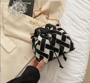 2023 Дамска чанта Модна чанта-кофа с ромбической решетка, чанта на едно рамо, мини-малка чанта, чанта през рамо с верига, комплект джобове