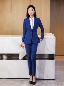 Модерен женски брючный костюм, официалната дамски офис, бизнес облекло, сако и панталони, син костюм на райета с дълъг ръкав, комплект от 2 теми