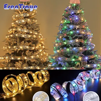 2023 Коледни лента светлините на Коледно дърво Светлини сатен лампа за подарък кутия Лък Украса led лампи топли цветове Цветна лента