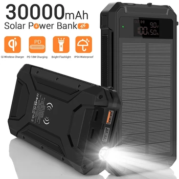Слънчев Powerbank 30000 ма Мобилен Телефон Безжично зареждане текущите Банка Фенерче Led Батерия Открит Водоустойчив Мобилен Източник на Захранване