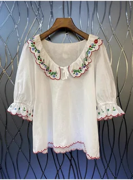 Блузи от 100% памук 2023 Лятна мода бяла блуза с яка 