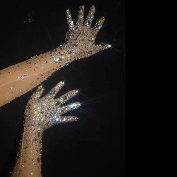 Модни стрейчевые ръкавици с кристали, дамски искрящи кристални окото обещаващи дълги ръкавици за танцьорка в нощен клуб, певицата, аксесоари за сцена
