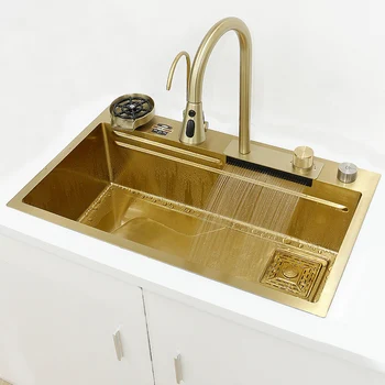 Златна кухненска мивка с многофункционална кухненска мивка мивка с водопад мивка от неръждаема стомана умен мивка модерна съдомиялна машина за кухни