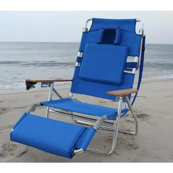 Синьо плажна стол премиум-клас с възможност за сгъване на облегалката - лека и здрава алуминиева рама, преносима сгъваема конструкция за къмпинг, пикници на открито