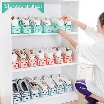 Регулируема стойка за обувки от второ поколение, просто креативна стойка за съхранение на обувки, събрани с ръцете си, с двойна пластмасова стойка за довършителни работи